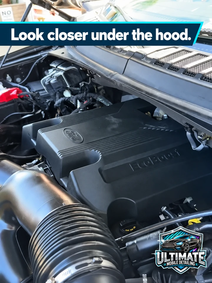 Close view of a Ford EcoBoost engine cover and intake hose beneath the open hood