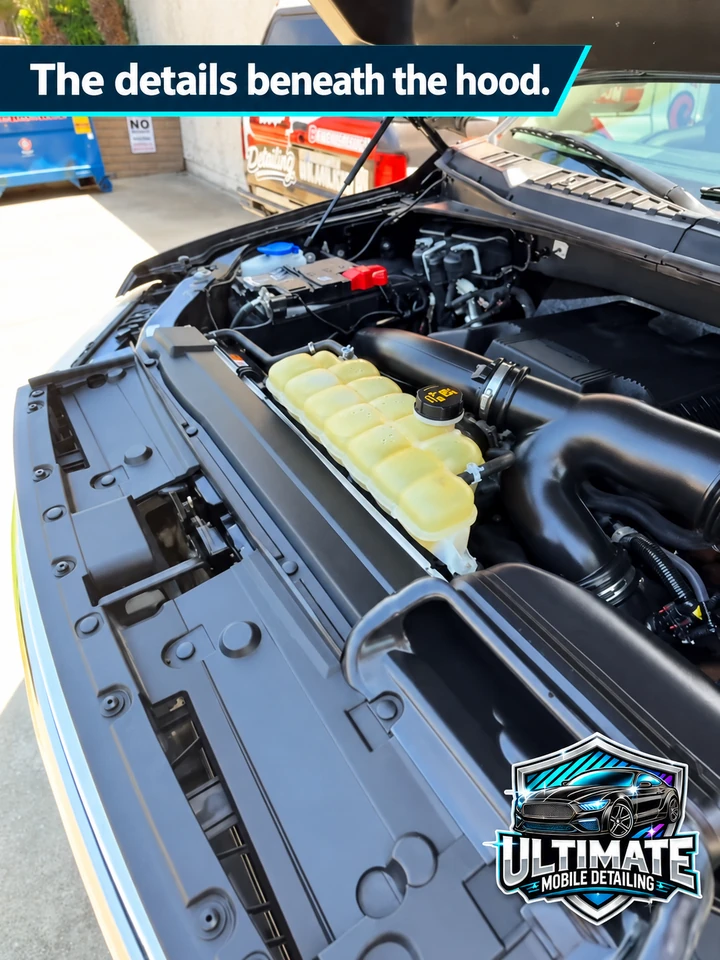 Ford underhood view with a translucent coolant reservoir beside the intake tubing and front support panel