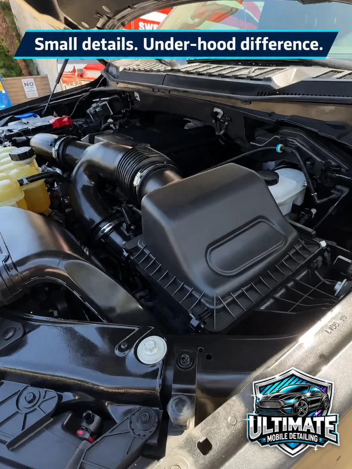 Ford engine compartment showing the outside of the air-filter housing and ribbed intake tube