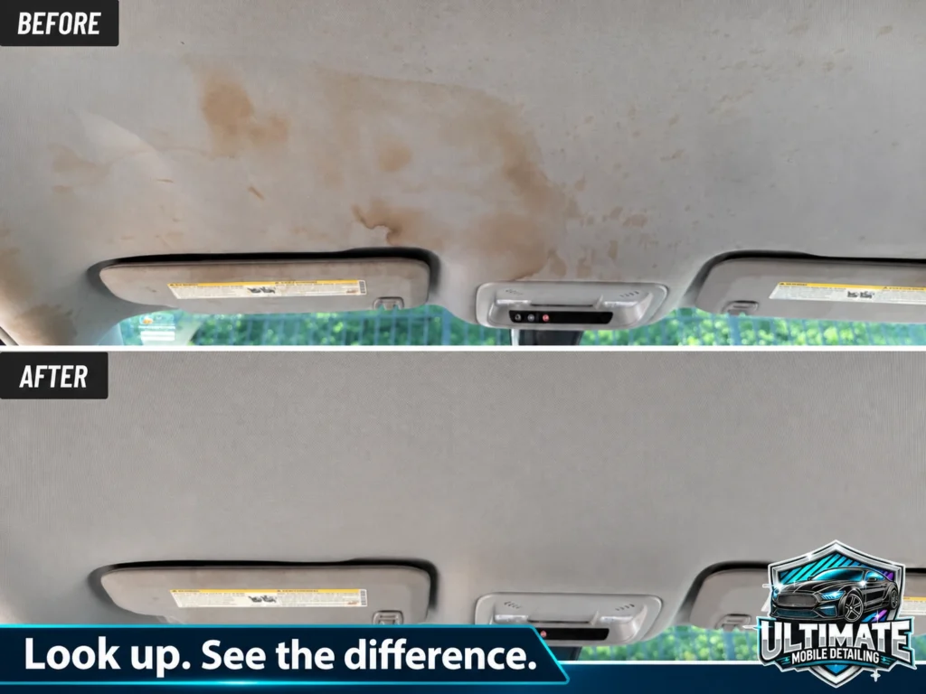 Before-and-after headliner comparison showing stained fabric above the front sun visors and its cleaner appearance