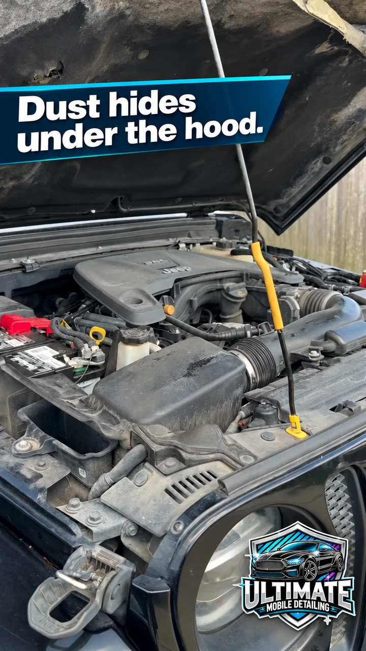 Dust visible on a Jeep Wrangler engine cover, air-filter housing and surrounding engine bay surfaces