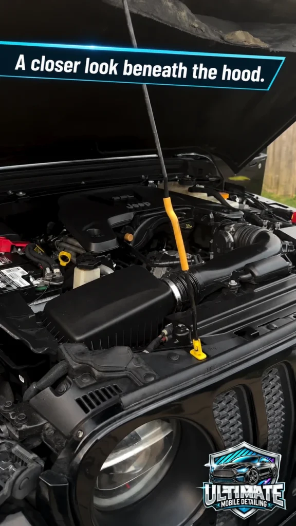 Jeep Wrangler underhood view showing black engine covers, intake tubing and surrounding trim