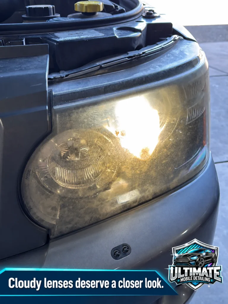 Close-up of visible cloudiness across a vehicle headlamp with its light illuminated