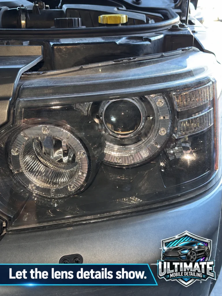 Headlamp showing projector, reflector and indicator details through the lens