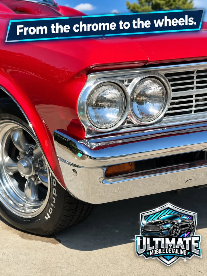 Red classic car front corner showing twin round headlights, chrome bumper and wheel