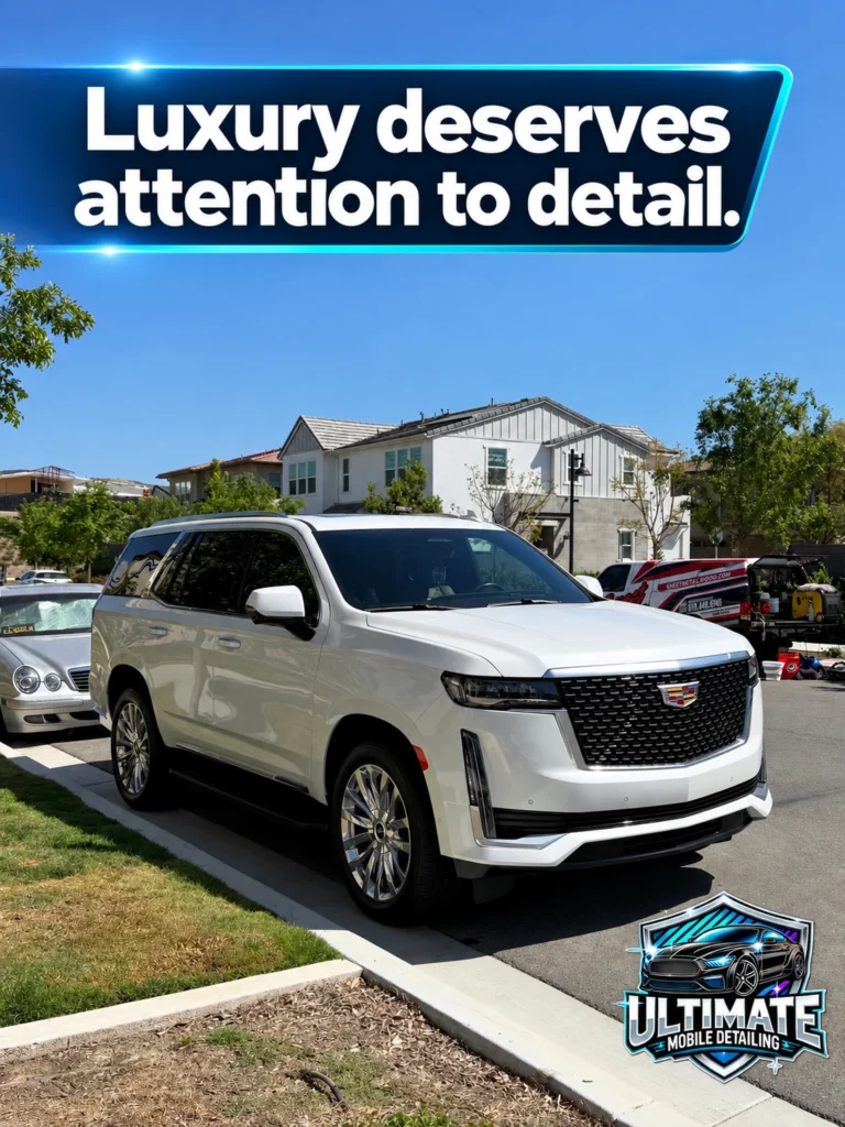 White Cadillac Escalade beside a curb with a Luxury deserves attention to detail banner and Ultimate Mobile Detailing logo